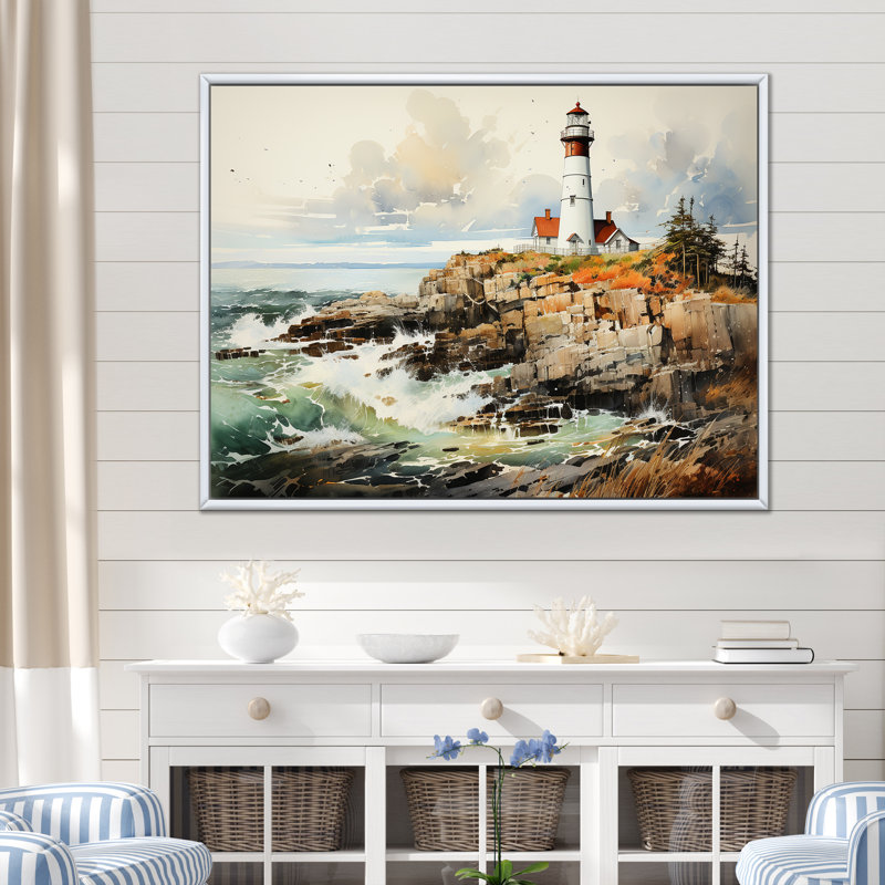 «Coastal Light House Minimal Landscape I», reproduction sur toile, Cadre flottant blanc, H 16 po x l 32 po x P 1 po