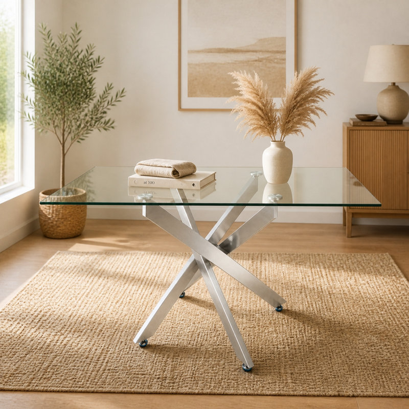 with Iron Base Dining Table, Silver+Clear