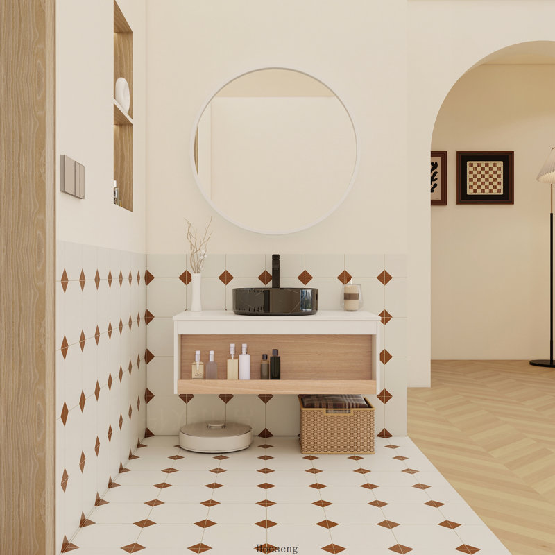 Meuble-lavabo flottant 36 po avec vasque en marbre noir, rangement ouvert, finition blanche avec détails en bois