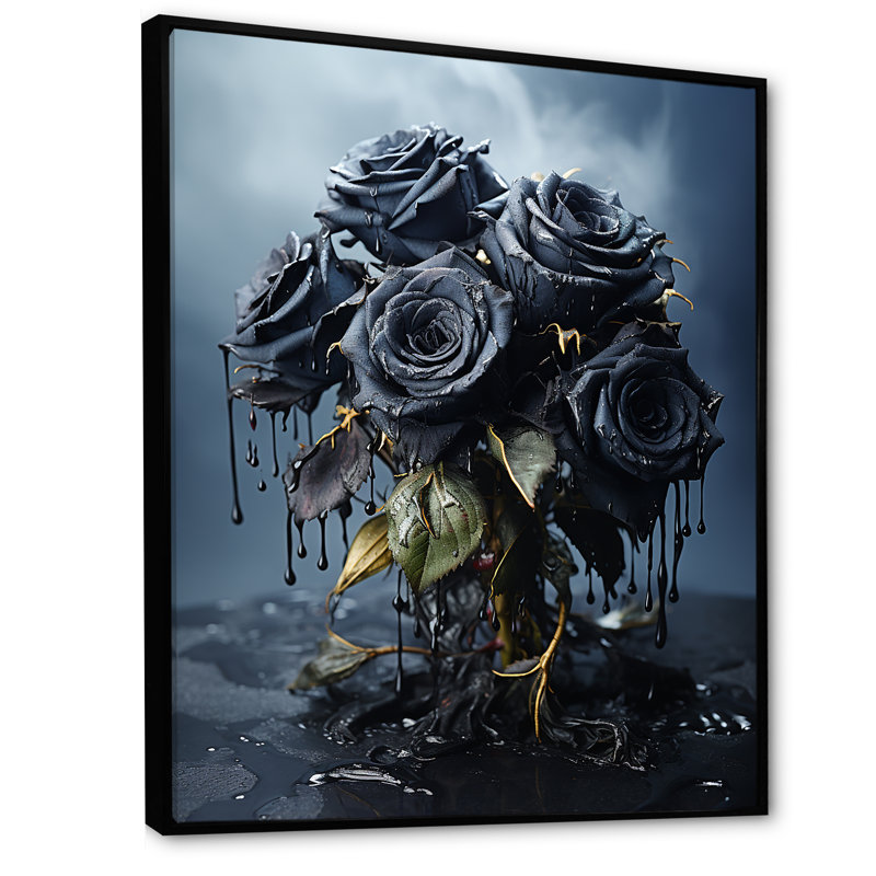 «Midnight Black and Blue Roses Bouqet I», art mural Roses, Cadre flottant noir, H 32 po x l 24 po