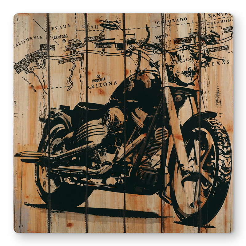 Motorcycle on Wood Background - Beige Rustic Metal Print Decor