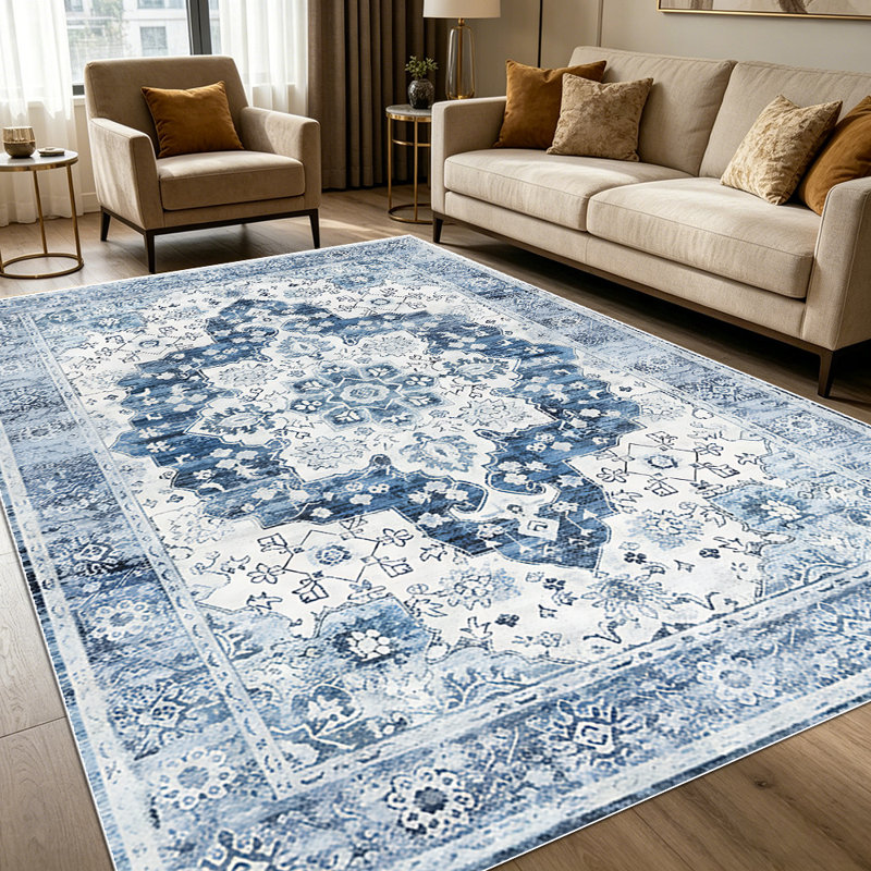 1PC vintage distressed blue and grey medallion Persian area rugs for Living Room, Soft and Comfortable, Suitable for all seasons, easy-to-maintain, machine washable Indoor floor mat, Under Table Farmhouse suitable for dining room, bedroom, home
