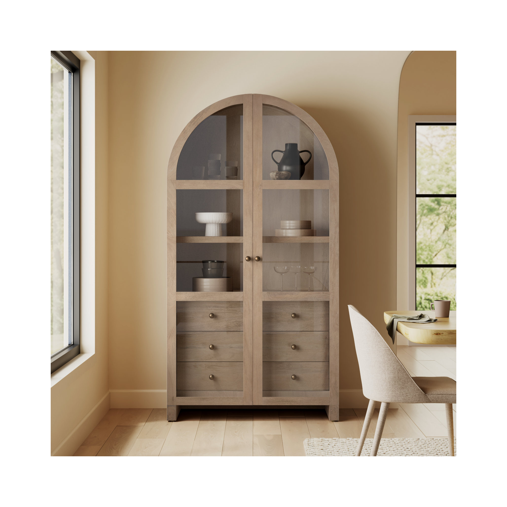 Stonewall Light Brown Wood W/Glass Doors Arched Curio Cabinet, Natural
