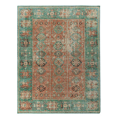 Rug & Kilim’S Distressed Tribal Rug In Orange, Green Geometric Pattern