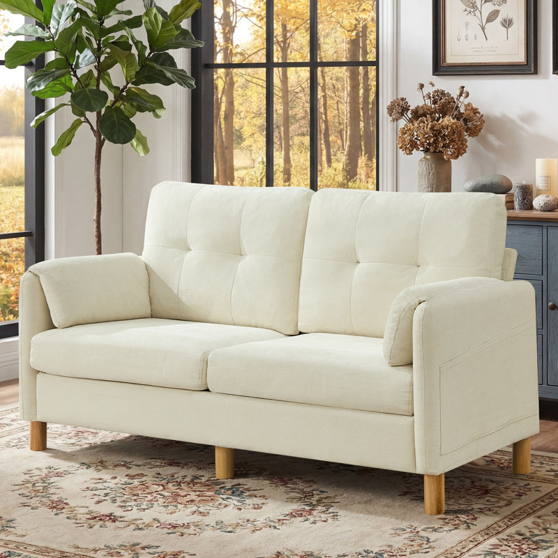 Canapé 65,4 po en chenille touffetée - Structure en bois robuste, poches de rangement, Beige