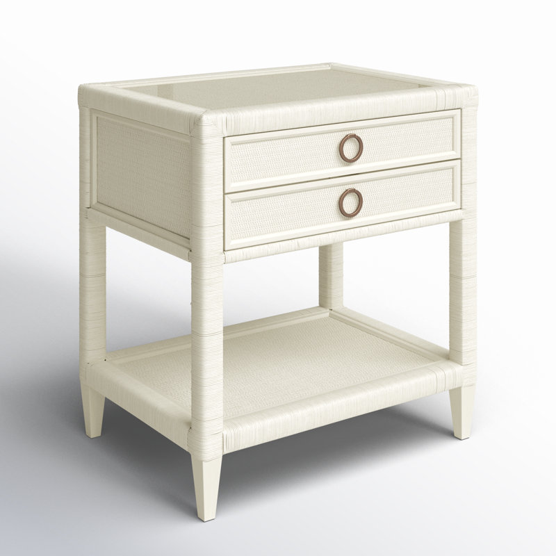 Warwick 2 - Drawer Wicker Nightstand, Antique Frost White, Satin Brass