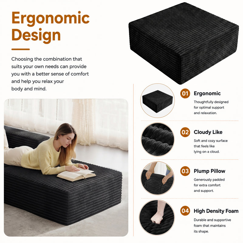 1 Seater Corduroy Sectional, Black