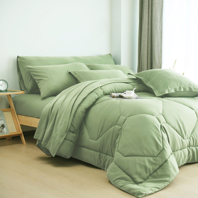 8 PCS Modern Comforter Set with Sheets All Season Bed in a Bag, King Comforter + 7 Additional Pieces, Sage