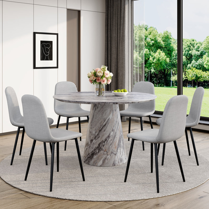 Ensemble de table de salle à manger 45 po avec chaises rembourrées 4/6, 7 pièces : table, 6 chaises, Gris clair