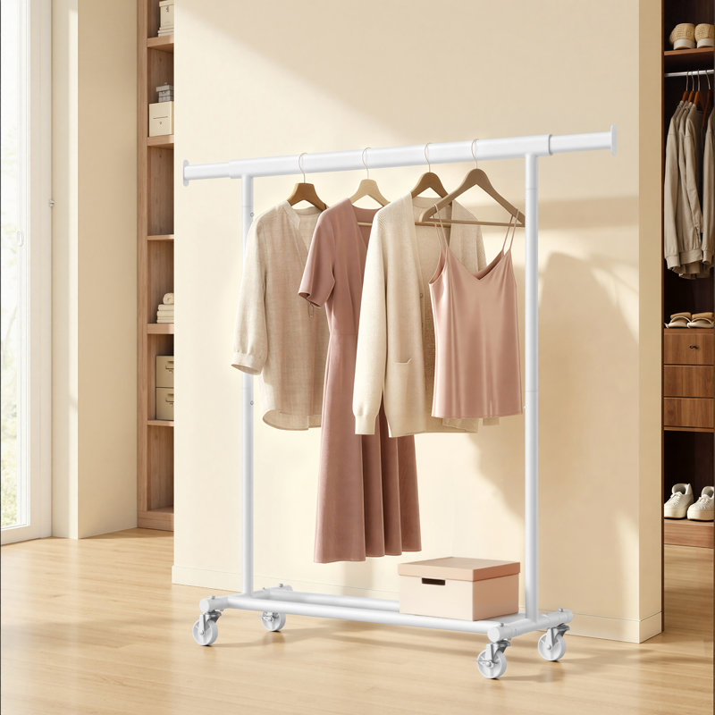 Portant à vêtements avec roulettes, portemanteau robuste pour suspendre les vêtements, portemanteau portatif, avec rail de suspension extensible, capacité de charge de 220 lb, blanc