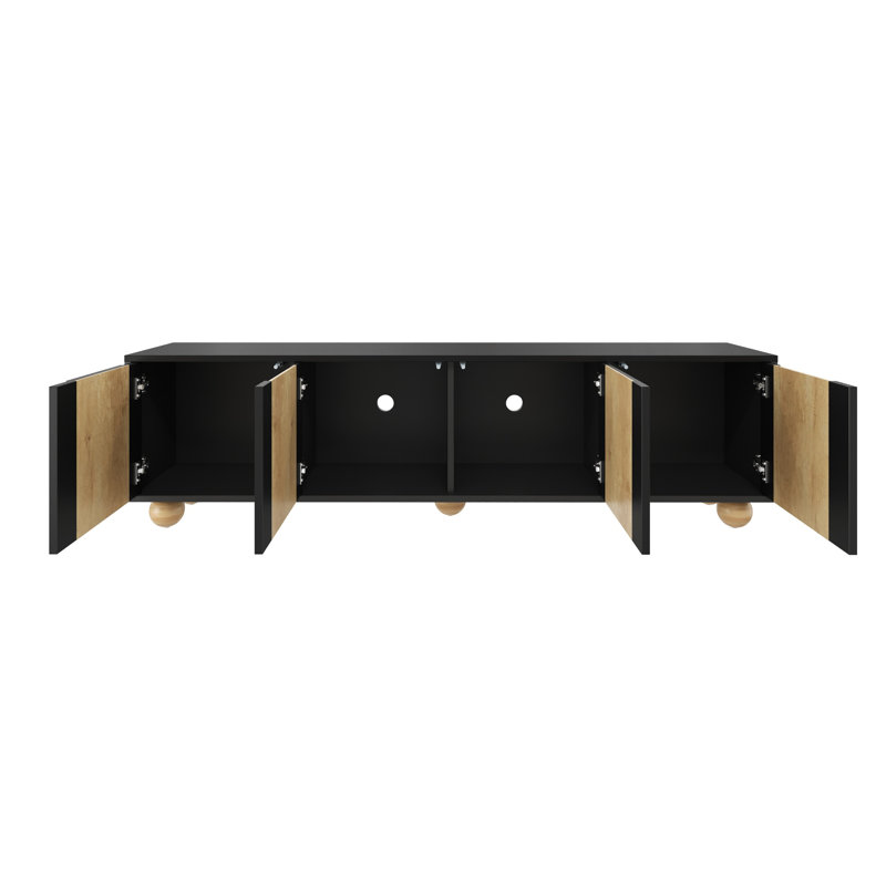 Console 69,6 po avec 4 armoires et pieds en bois massif, meuble télé de ferme avec gestion des câbles, Noir