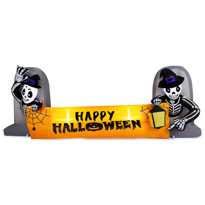 Décoration gonflable d'Halloween (115,32 po x 43,32 po) avec 4 lumières DEL, motif pierre tombale squelette « Joyeux Halloween » pour la décoration de jardin et de fête extérieure.