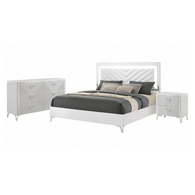 Ensemble de chambre à coucher 3 pièces Marisol Eastern King avec tête de lit à DEL, fini blanc lustré, commode et table de chevet inclus
