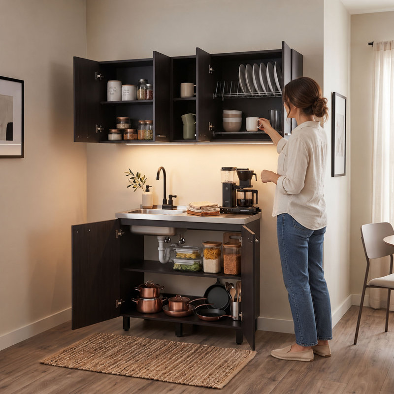 Ensemble de meubles utilitaires Haven 39,3 po (100 cm) de largeur, en bois fabriqué, comprenant un meuble haut et un meuble bas avec rangement – ​​Wengé