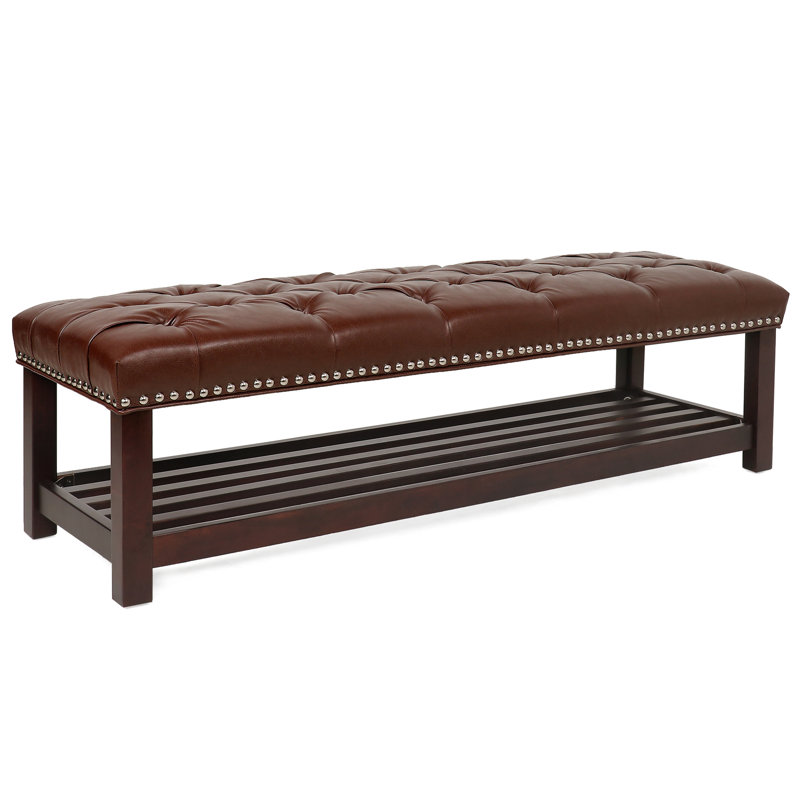 60" Dark Brown Shoe Bench For Bedroom, Upholstered Leather With Pu Covering Bedroom Organizer Bench, Length, Upholstery, Birch Legs