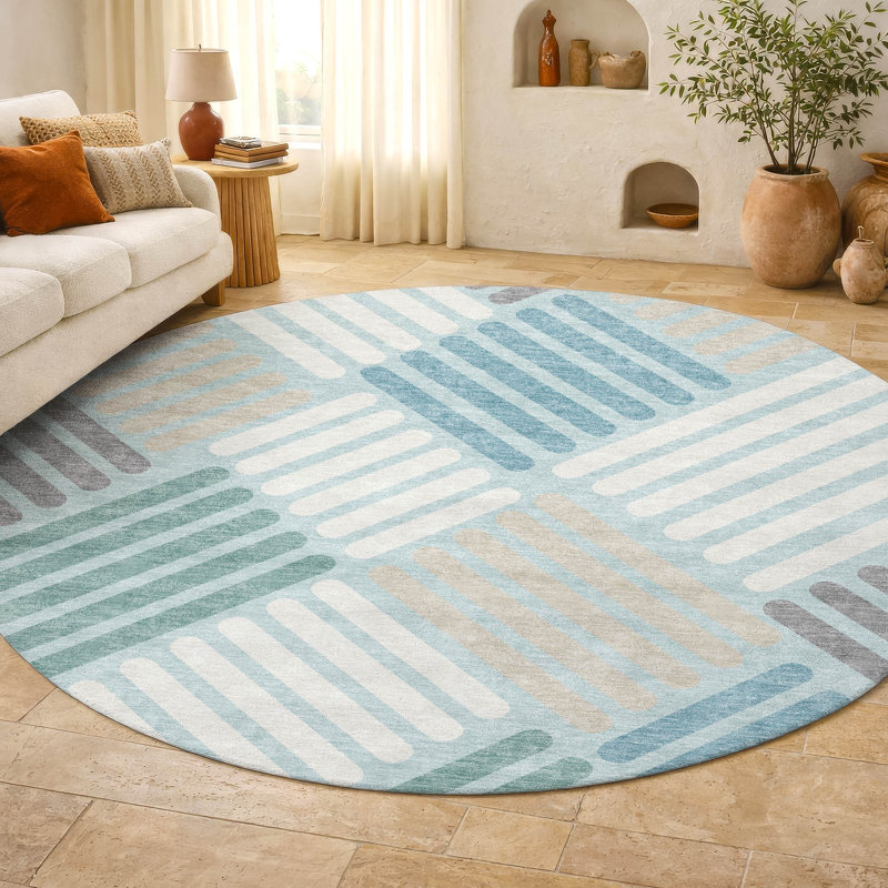 Premium Machine Washable Mayfield AMF2339 Geometric Rug, Seafoam, 8' Round