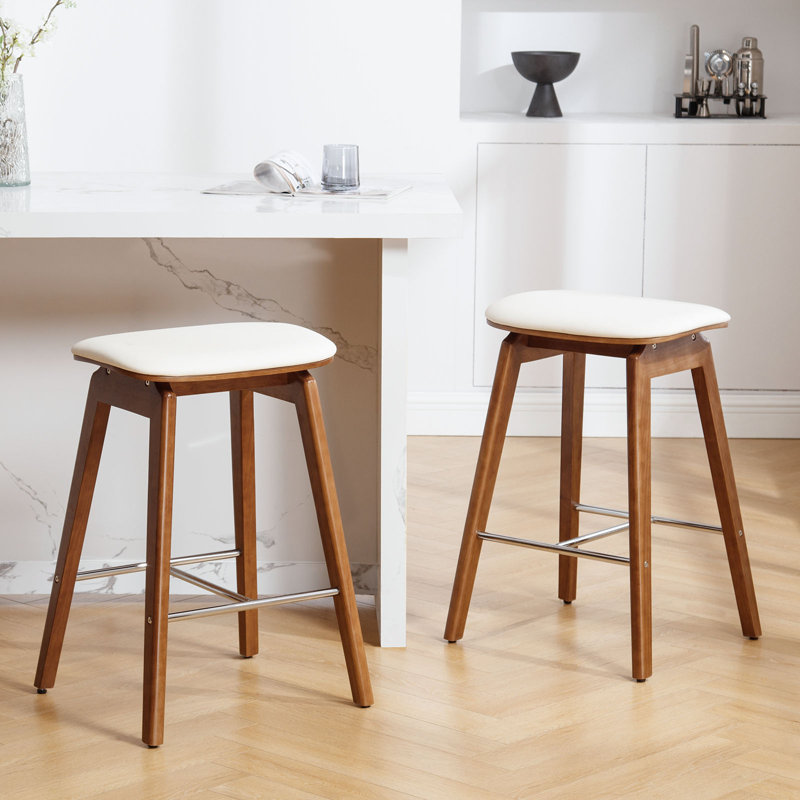 26" Solid Wood Backless Bar Stools, Saddle Counter Height Barstools (Set of 2), Brown, 2