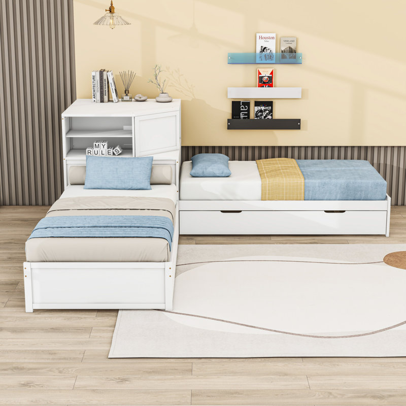 Lit plateforme simple et simple en bois avec lit gigogne, tablettes et 2 tiroirs, Blanc