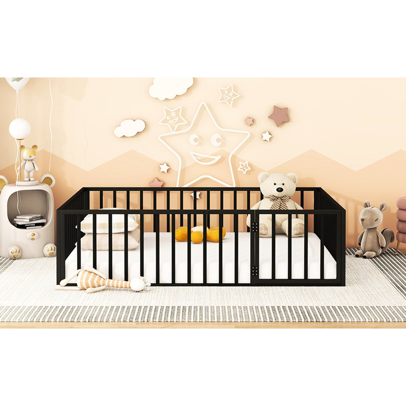 Queen Size Metal Floor Bed - With Fence And Door, Suits Different Styles Black Frame Versatile For Type, Black, Queen
