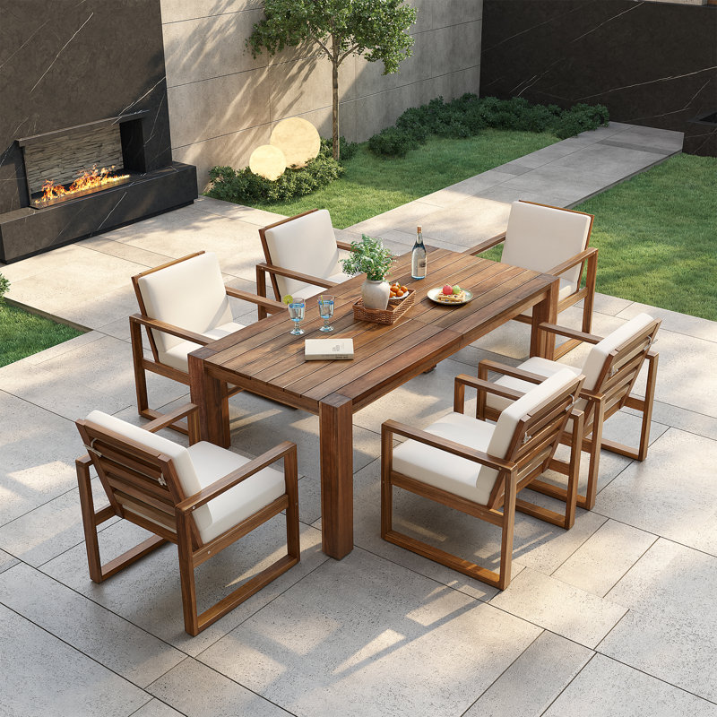 Remy Patio 7-Piece Acacia Wood Dining Set with Removable Cushions, Mocha