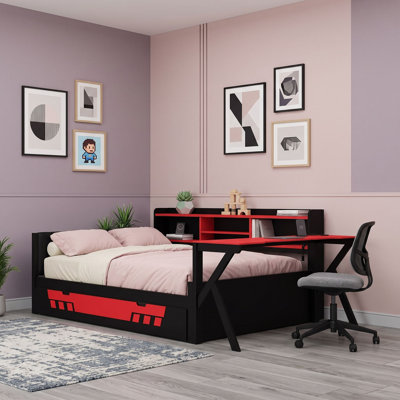 Lit de jour en bois avec bureau, tiroirs de rangement et éclairage DEL