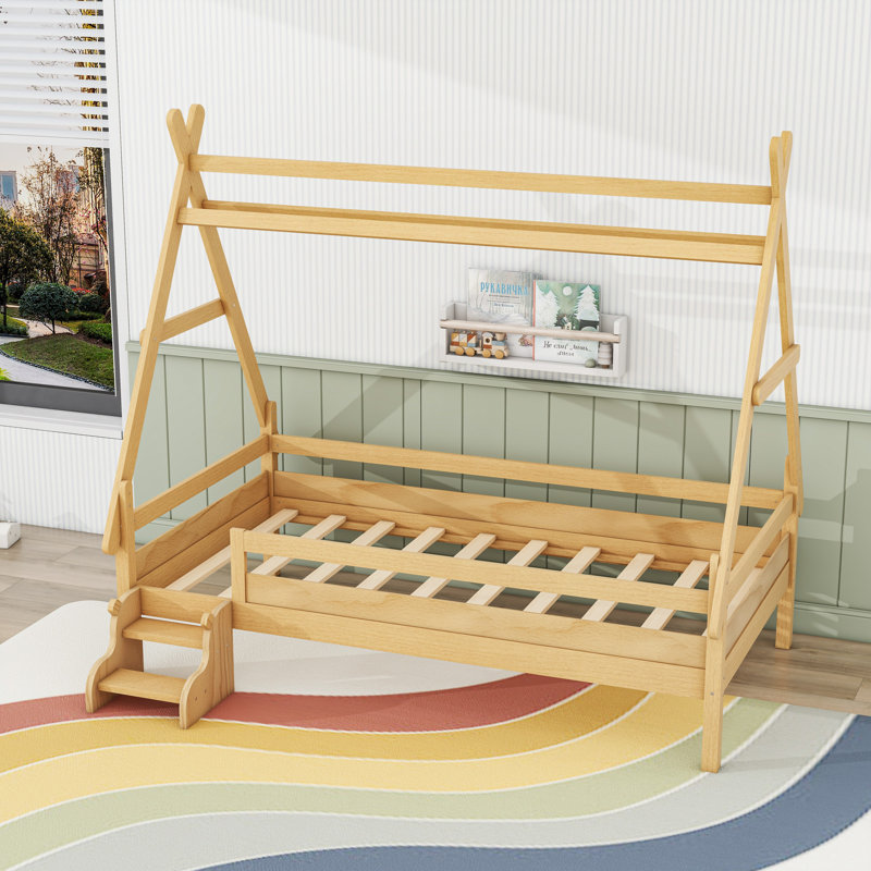 House Platform Bed With Stairs, Natural, Twin