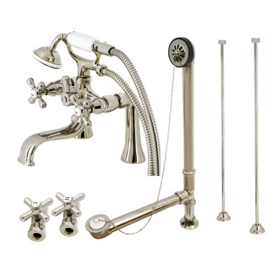 Polished nickel clawfoot tub faucet package with handheld shower, cross-handle valves, tub drain assembly, and two supply lines.