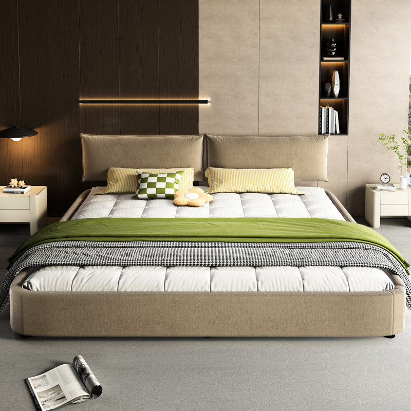 King Size Bed With Cloud - Like Experience, Oversized Padded Movable Headboard, Chenille Upholstered, Metal And Pine Wood Slat Double Support, No Box Spring, Camel, Support For Mattress Longevity