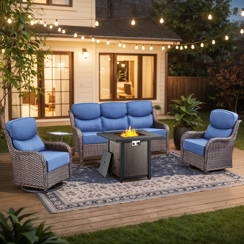 Polygala 5-Piece All-Weather Outdoor Wicker Patio Square Metal Fire Pit Table Conversation Set With Swivel Gliders And Side Table