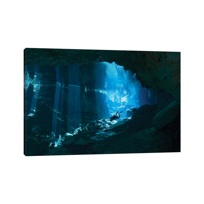 Diver Enters The Cavern System In The Riviera Maya Area Of Mexico by Karen Doody - Wrapped Canvas Print