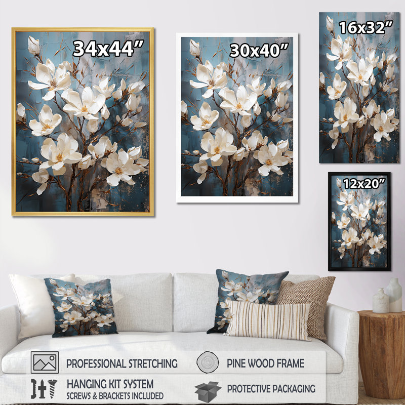 «Magnolias Bloom In White II», reproduction sur toile, Cadre flottant noir, H 20 po x l 12 po x P 1 po