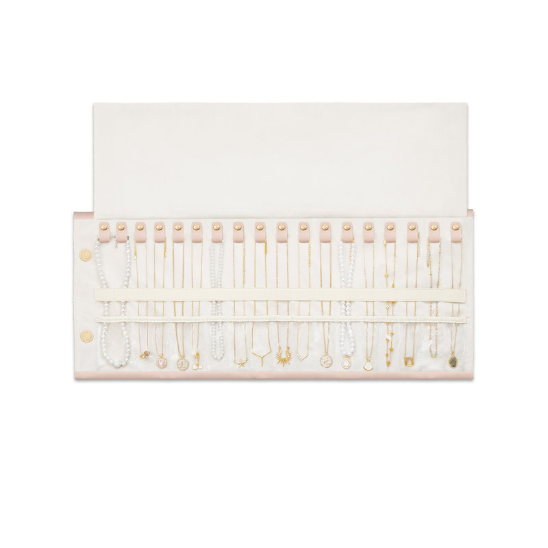Organisateur de colliers de voyage, étui à bijoux pliable et enroulable en velours de polyuréthane, Large, 18 Slots, Pink