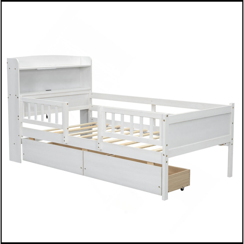 Lit plateforme en bois avec éclairage à DEL intégré, tête de lit multifonctionnelle, garde-corps et 2 tiroirs, Blanc