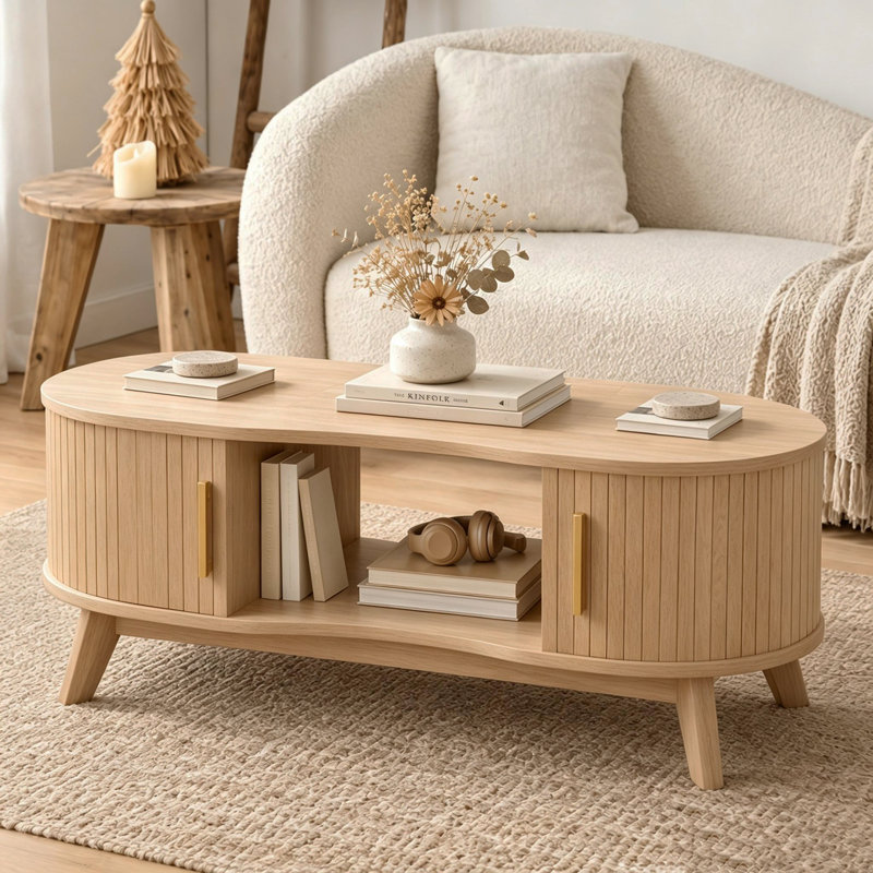 Table basse cannelée 47,2 po avec porte coulissante , Bois naturel