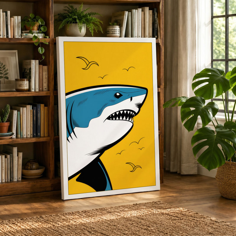 Shark in Yellow Sky Modern - Wrapped Canvas, 30x20 - 76.2 x 50.8 cm, White Border