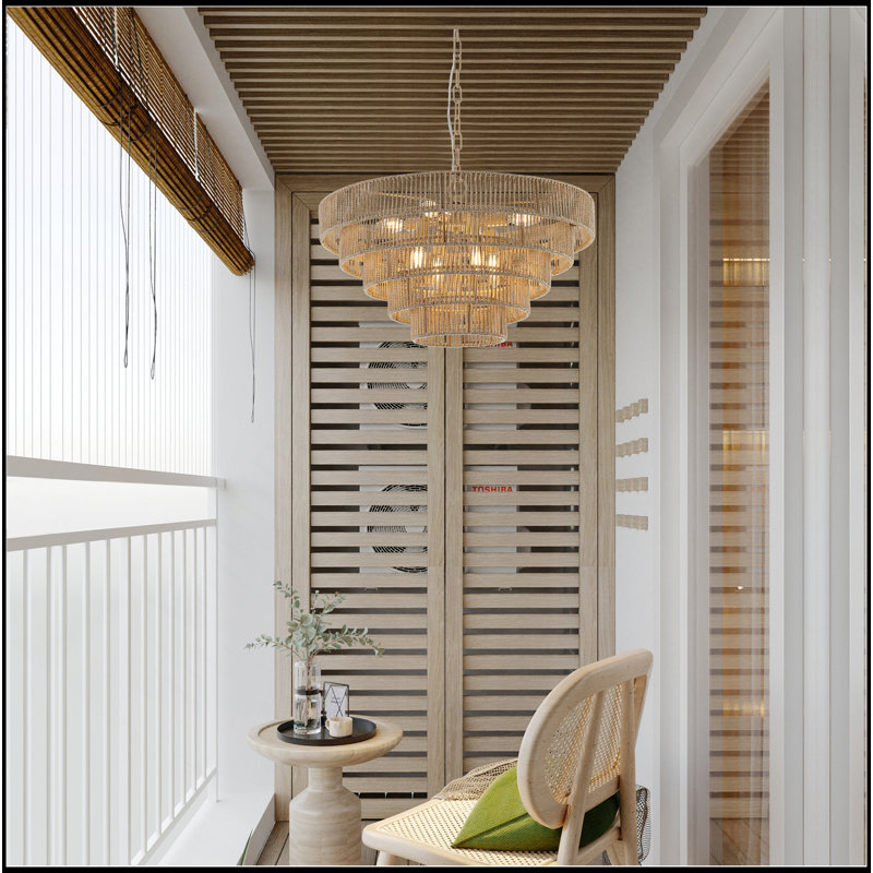 Suspension réglable en fer et corde de chanvre, 8 lumières, Bois