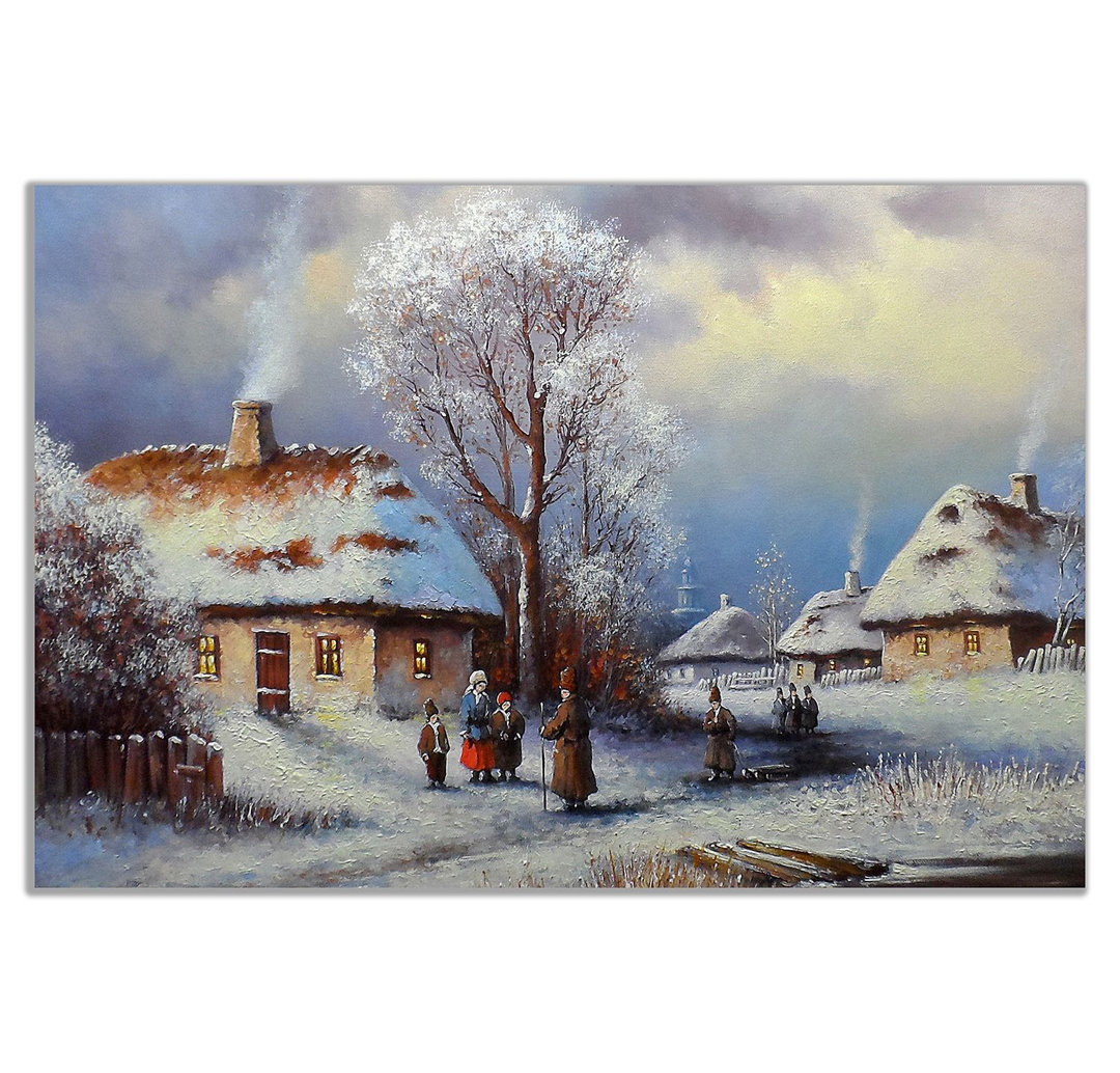 Old Winter Village Painting Canvas Wall Art Picture Print (36x24) - Image 2