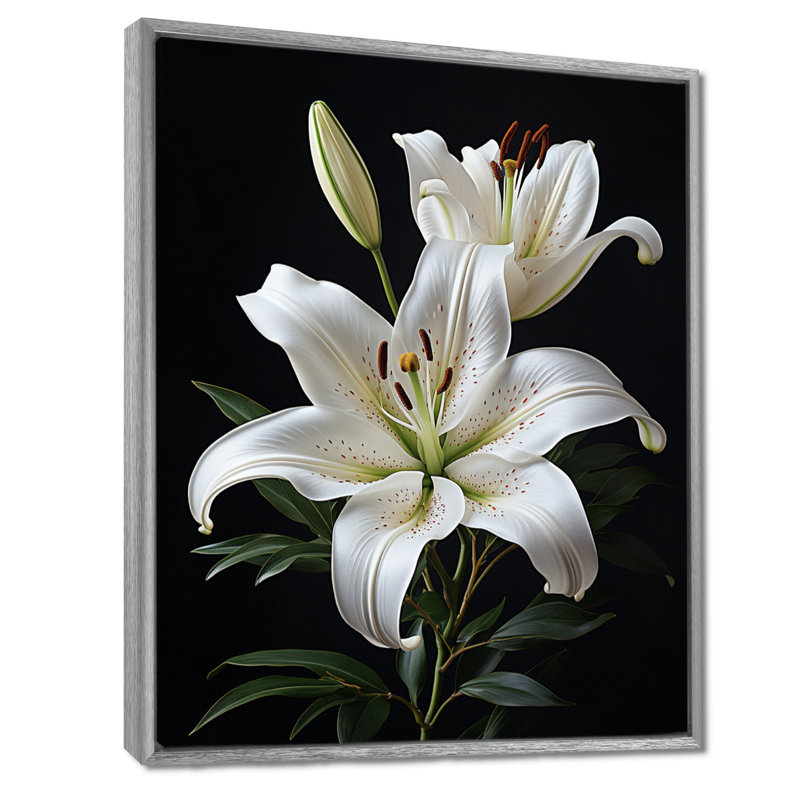 «Black White Lily Exquis II» - lys, impressions sur toile, H 44 po x l 34 po x P 1,5 po, Cadre argenté flottant