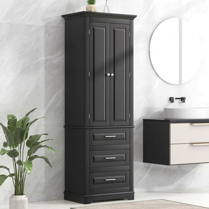 Tall Storage Cabinet With Three Drawers For Bathroom/Office, Black, Black