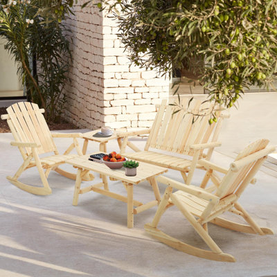 Union Rustic 5-Piece Outdoor Wooden Rocking Conversation Set, Adirondack Rocker Set With Rocking Bench, 2 Log Rockers And 2 Side Tables, Patio Furniture Set, High Fanned Back/Slatted Seat, Natural