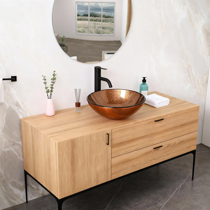 Modern Brown Tempered Glass Vessel Bathroom Sink Set With Pop-up Drain