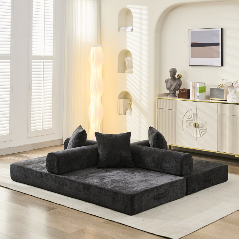 Canapé-lit convertible polyvalent, plancher en chenille noir pour la chambre à coucher, conception modulaire personnalisable, éponge de haute qualité, conception compacte à 3 niveaux, sans assemblage, housse de matelas pliable et antidérapante