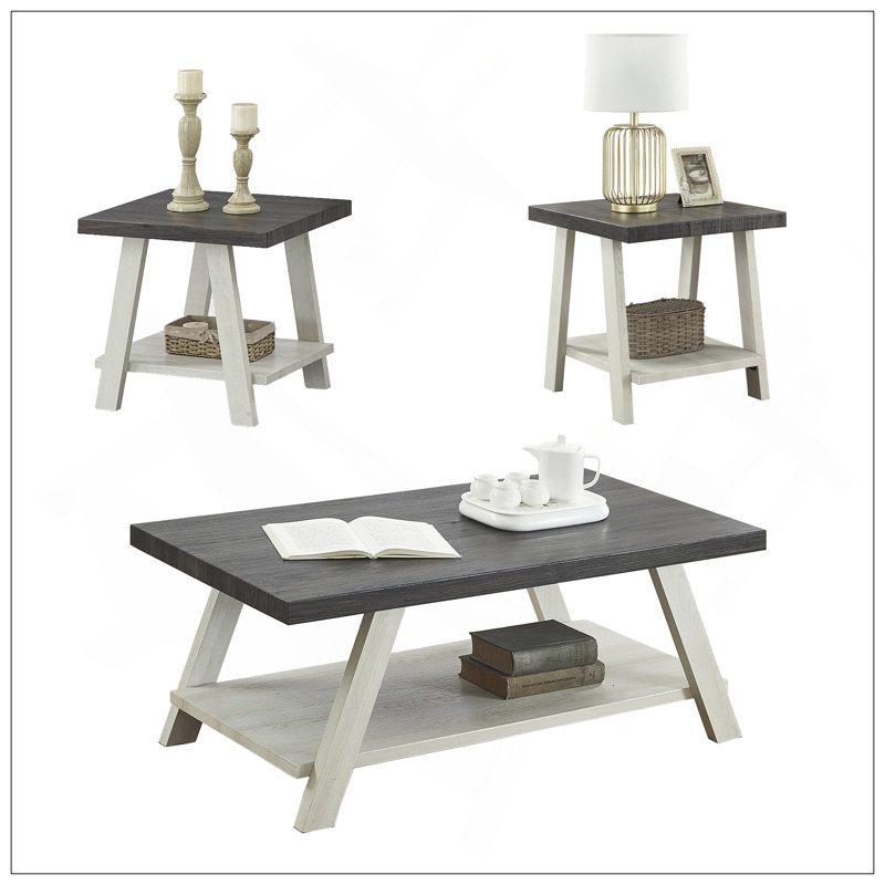 Athens Contemporary 3-Piece Wood Shelf Coffee Table Set In Weathered Charcoal And Beige, Charcoal Top/Beige Base