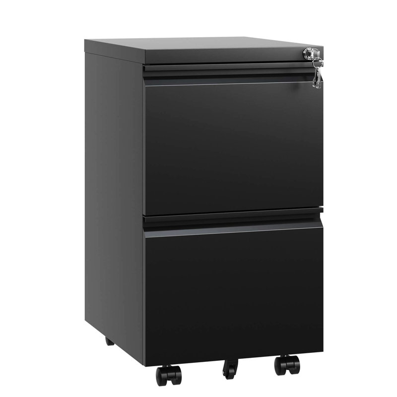 Black Metal 2 Drawer File Cabinet With Locking Mechanism - Stores Legal/Letter/A4 Files, Fully Assembled Office Supply Mobile In Lock Accommodates Unit
