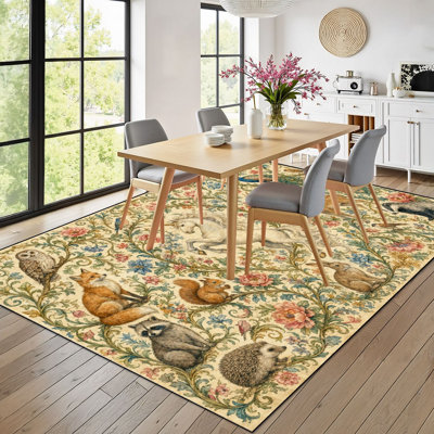 9x12 Area Rugs for Bedroom Whimsical Forest Deer Woodland Animals Floral Boho Washable Rug for Living Room Carpet for Dining Room Soft Rubber Backed Non-Slip Carpets for Nursery Office