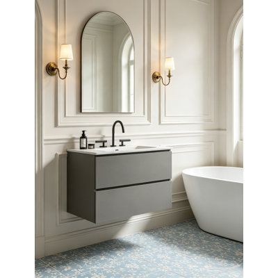Meuble-lavabo mural flottant avec lavabo en céramique et tiroirs à fermeture en douceur