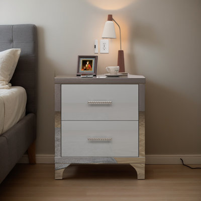Table de chevet avec 2 tiroirs, table de chevet moderne en bois ultrabrillant avec poignée en métal, table de chevet pour la chambre à coucher, table de bout pour le salon