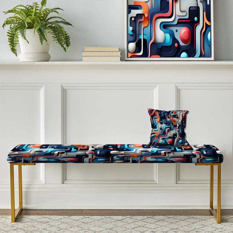 Blue And Orange Futuristic Matrix Vibes - Geometric Upholstered Gold Bench