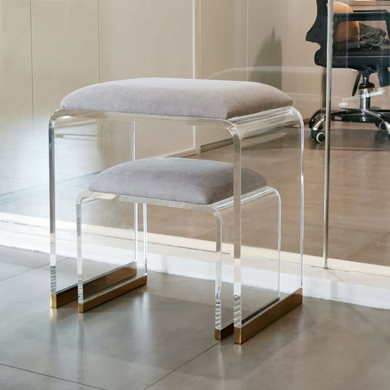 Tabouret de coiffeuse en velours avec pieds en acrylique transparent, gris, l 16 po