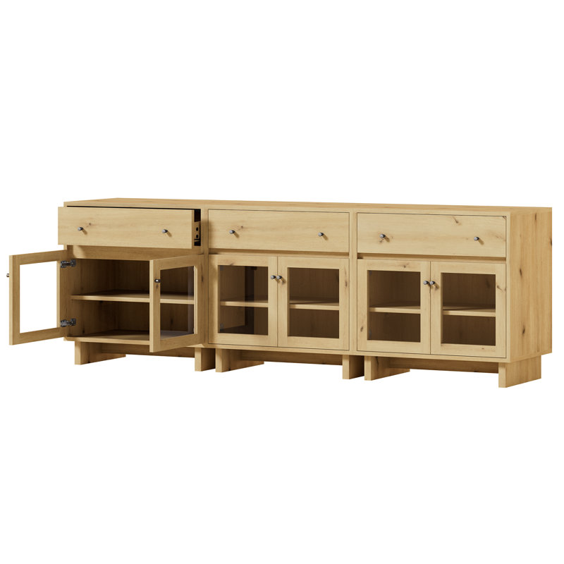 Buffet Almaguer de 80 cm de large avec tiroir, portes vitrées et tablette réglable (ensemble de 3), chêne naturel, Set of 3